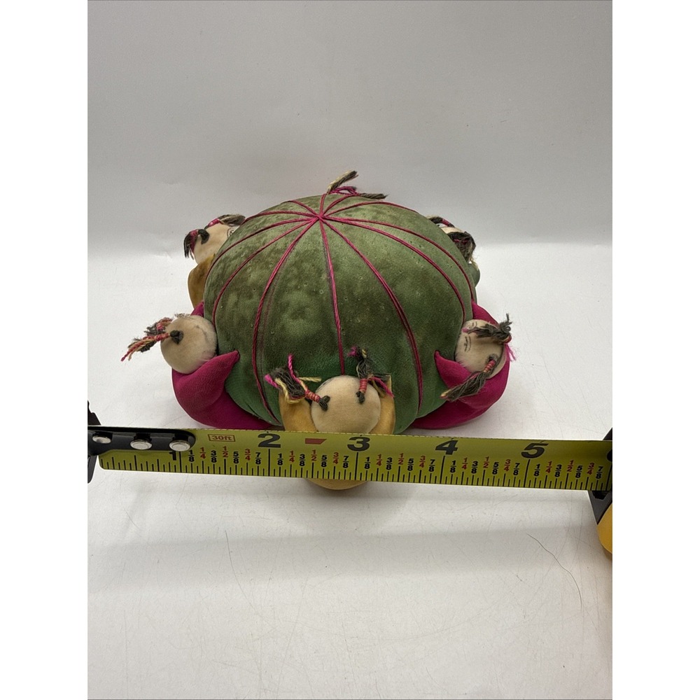 Vintage Vibrant Chinese Pin Cushion 6 Little Men Holding Hands Green Cushion